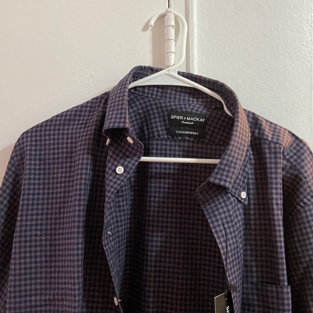 Spier and Mackay Brown and Navy Gingham Sport Shirt. 16 Contemporary